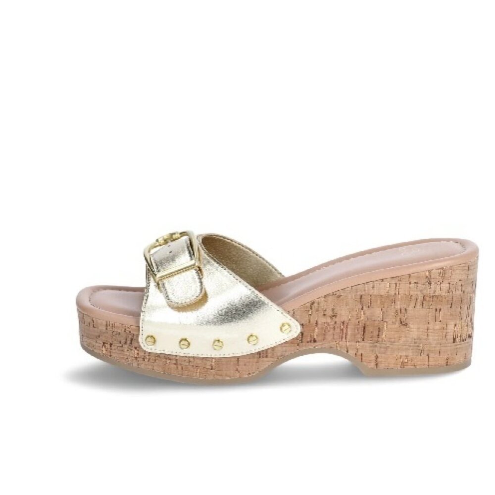 Time and Tru Womens Gold Chunky Buckle Cork Platform Slip-On Sandals Size 7 NWOB